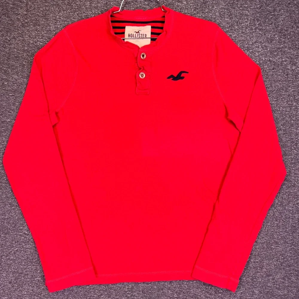 Hollister Henley Shirt Mens L Red Preppy Casual Long Sleeve Embroidered Logo Y2K